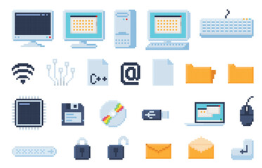 Pixel art computer icons. Tech devices, pixelated computer keyboard and screen, digital file, retro disk, security lock, email, safe and folder symbols. Office equipment 8 bit vector set.