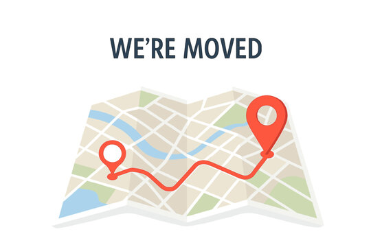 We’ve Moved Vector Illustration. Office Relocation Announcement. Folded City Map with Route, Location Pins, Navigation Path, New Address, Change of Address, Moving Office, Direction Concept