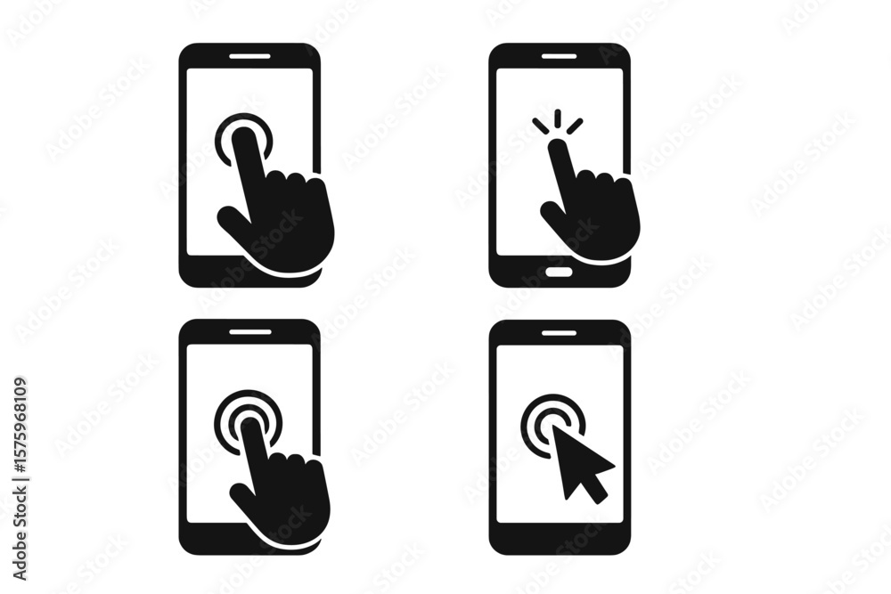 Aufkleber smartphone touch screen icons set. hand tapping mobile device. click gesture, tap action, cursor poi