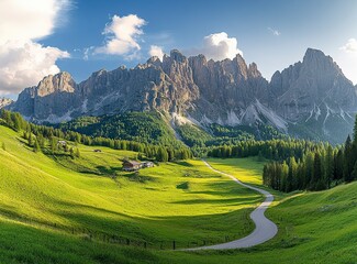 Beautiful, winding asphalt road in the mountains, with a green forest and meadow in the background. Summertime. Beautiful natural landscape of northern Italy. Panorama. Stock photo contest winner, pho
