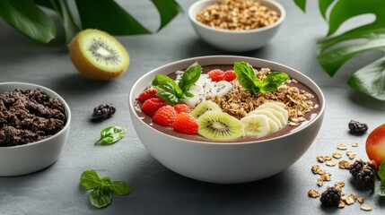 Vibrant Bowl of Fresh Fruits and Nuts Displayed on a Rustic Table