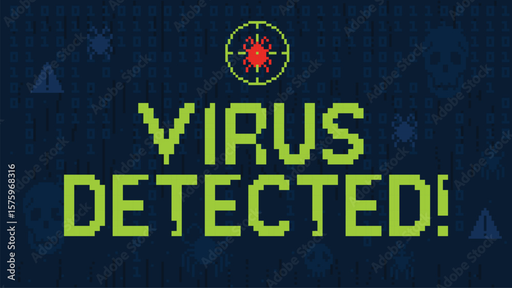 Fototapete pixelated virus detection alert screen. pixel art cybersecurity warning, computer malware notificati