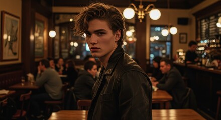Obraz premium A young man in a leather jacket, in a dimly lit cafe