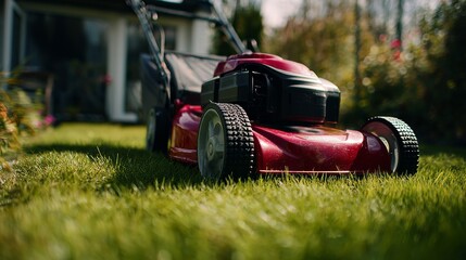 Fototapeta premium Close-up of red lawn mower trimming green grass in front of home with vibrant sunlight, showing sharp texture detail, shallow depth of field, and dynamic motion during outdoor lawn care activity