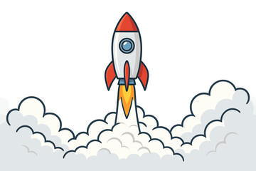 Cartoon rocket launching through clouds, blasting off with fire and smoke. Startup business success concept, new project launch, innovation, creativity, exploration, vector illustration