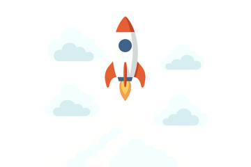 Rocket launch flying through clouds. Startup business success concept. New project start up. Creative innovation idea. Flat vector illustration. Space exploration, achievement