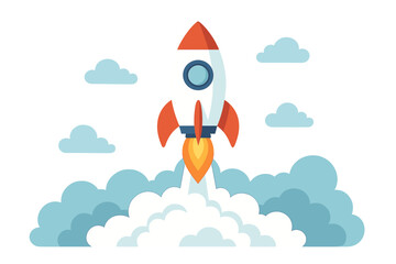 Rocket Launch Startup Concept Vector. Cartoon Space Rocket Flying Through Clouds. New Project, Innovation, Creative Idea, Success, Business Growth, Leadership, Flat Illustration