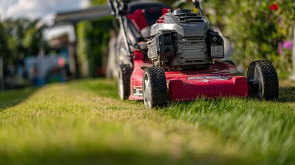 Close-up of red lawn mower trimming green grass in front of home with vibrant sunlight, showing sharp texture detail, shallow depth of field, and dynamic motion during outdoor lawn care activity