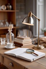 Cozy study desk with open book, magnifying glass, lamp, and coffee cup by window