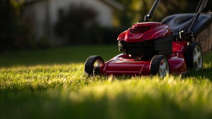 Close-up of red lawn mower trimming green grass in front of home with vibrant sunlight, showing sharp texture detail, shallow depth of field, and dynamic motion during outdoor lawn care activity