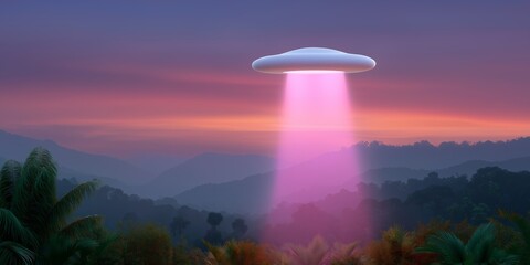 Ufo beaming light over lush tropical jungle at dusk
