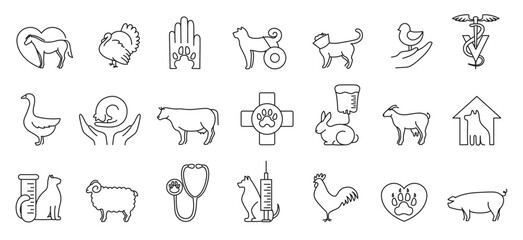 Linear veterinary icons. Animal care and hospital, continuous one line pet health services, stethoscope with paw and veterinary clinic isolated vector illustrations set.