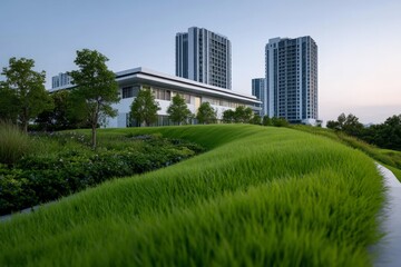 Obraz premium Modern urban landscape with green rooftop and high-rise buildings