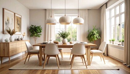 Elegant Dining Room Interior: Modern Design, Natural Light, and Serene Ambiance.