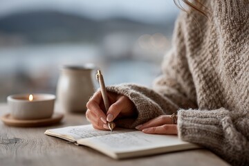 Cozy writing moment with female hands in sweater journaling by candlelight