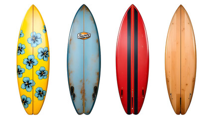 A diverse array of four surfboards, featuring vibrant patterns and classic wood grain, presented together on a transparent background