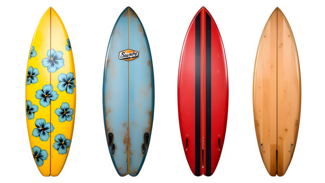 A diverse array of four surfboards, featuring vibrant patterns and classic wood grain, presented together on a transparent background