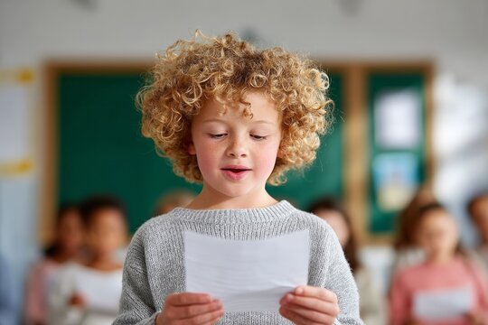 Curly-haired caucasian child reading aloud in classroom setting