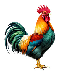 Fototapeta premium A majestic rooster with a vibrant plumage of red, orange, yellow, green, and blue stands proudly, showcasing its colorful feathers and distinctive comb isolated on transparent background