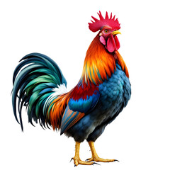 Fototapeta premium A majestic rooster with a vibrant plumage of red, orange, yellow, green, and blue stands proudly, showcasing its colorful feathers and distinctive comb isolated on transparent background