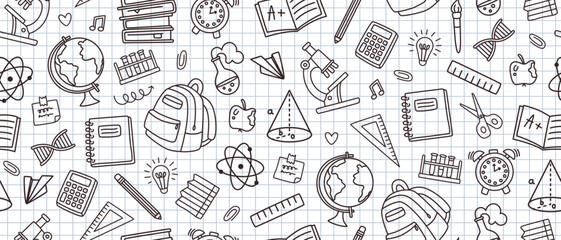 School notebook doodles pattern. Back to school background with notebooks, backpack and globe. Seamless hand drawn educational doodle for classroom decoration vector illustration.