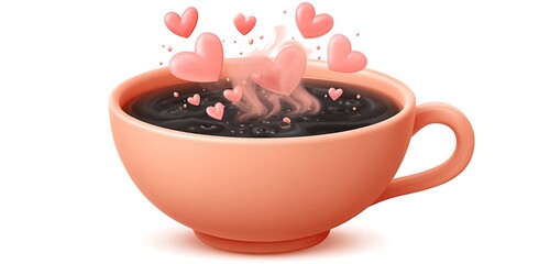 A peach colored cup filled with dark liquid and pink hearts floating above on a white background