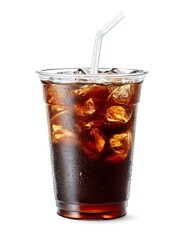 Plastic glass cup of cold ice brew black americano coffee beans on a table brown warm background closeup with copy sapce