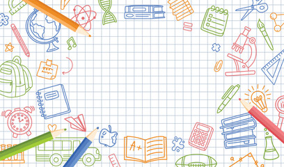Doodle back to school frame. Educational border with hand drawn school items and colorful pencils on grid paper. Sketch stationery background for classroom, academic or student vector banner.