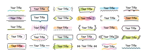 Doodle titles. Hand drawn title banner frames, creative decorative headers and headline elements. Framed and underlined titles for presentations, notes and classroom designs vector templates set.