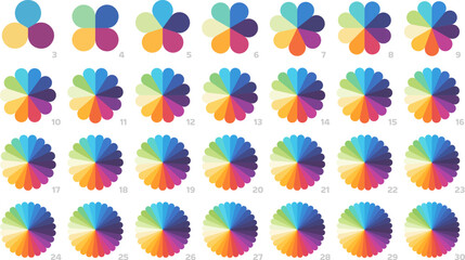 Infographic segmented flower pie graphs. Petal color wheels, multicolored circular segment diagram and divided radial chart for infographics, data visualization and business presentation vector set.