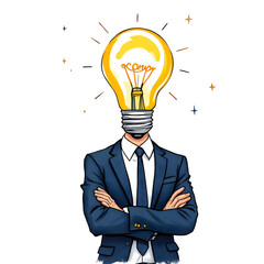 A man in a suit with a lightbulb for a head, arms crossed, contemplating a new idea isolated on transparent background