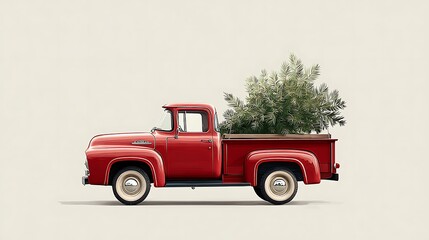 A red vintage truck carrying a christmas tree in its bed against a plain background artwork style