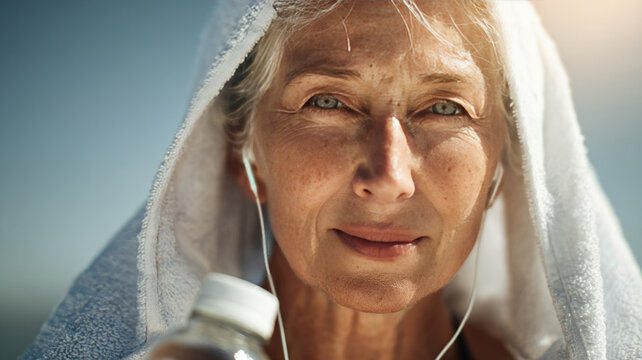senior woman with white hair, wearing earphones and towel, enjoys sunny day at beach while holding water bottle. Her calm demeanor s moment of relaxation