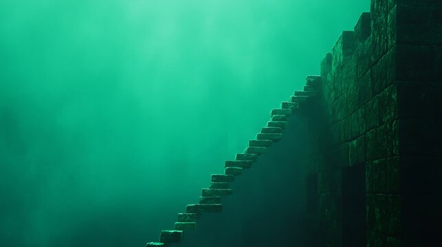 Mysterious Ancient Stairs Ascending into Emerald Fog