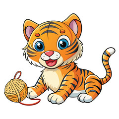 Cute cartoon tiger playing with a ball of yarn