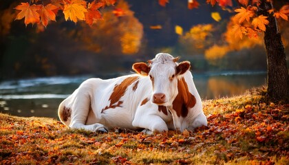 a cute white cow with red spots rests on fallen autumn leaves near a river