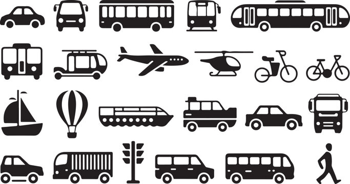 Collection of black silhouette icons representing various modes of transportation including cars buses airplanes helicopters bicycles boats hot air balloons trucks and a pedestrian