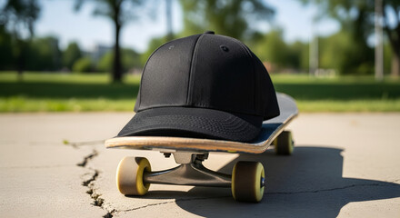 Casual Lifestyle Concept with Cap on Skateboard Outside