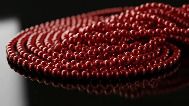 Close-up of a dark red beaded necklace, reflecting on a black surface