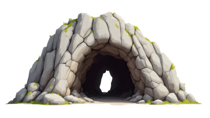 An ancient stone cave entrance, overgrown with moss and grass, beckons with its dark opening, isolated on a transparent background