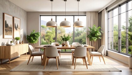 Bright Dining Room with Nature View, Modern Design, and Pendant Lighting