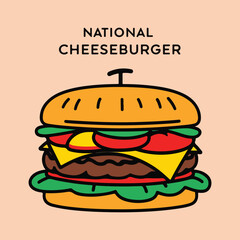 Flat vector cheeseburger art featuring detailed layers, grilling scenes, and picnic themes in bold solid colors. Great for food apps, events, and digital marketing for National Cheeseburger Day.