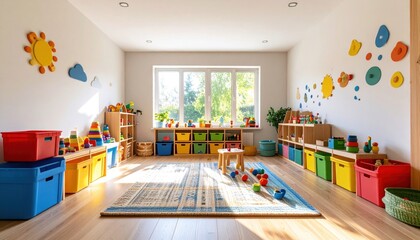 Bright, Colorful Playroom Interior with Toys, Sunlight, and Wooden Shelves