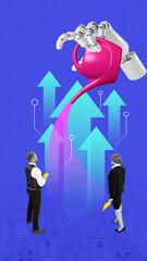 Creative digital artwork. 3D robot hand watering upward arrows near business people on neon...