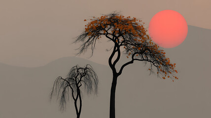 Silhouettes of two trees with autumn leaves against a soft orange sun and misty hills