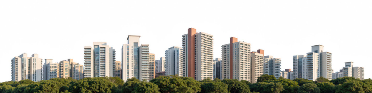 Modern urban skyline featuring tall residential buildings surrounded by lush greenery, showcasing blend of nature and architecture