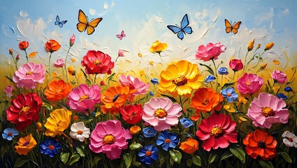 Whimsical Floral Meadow with Butterflies and Textured Brushstrokes, Vibrant Spring Flower Garden Painting with Butterflies and Impasto Texture