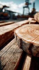 Close-up of freshly cut wood logs stacked on a rustic wooden surface in a workshop during daylight