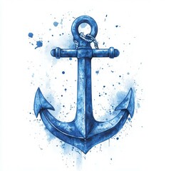 Artistic representation of a blue anchor with paint splashes on white background capturing maritime themes and creativity