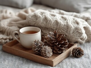 A cozy scene with tea cup on wooden tray and pine cones near a knitted blanket on a grey surface